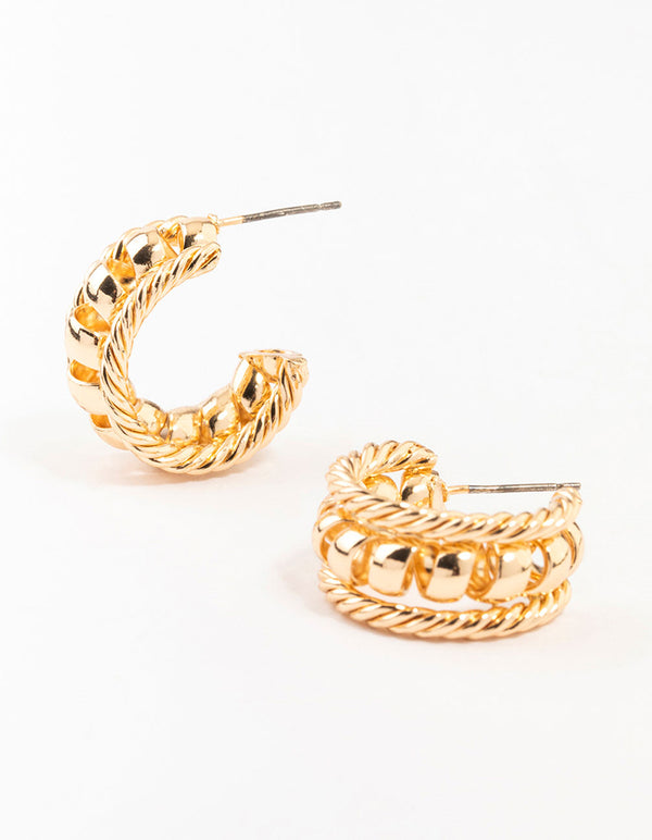 Gold Twisted Rope & Ball Hoop Earrings