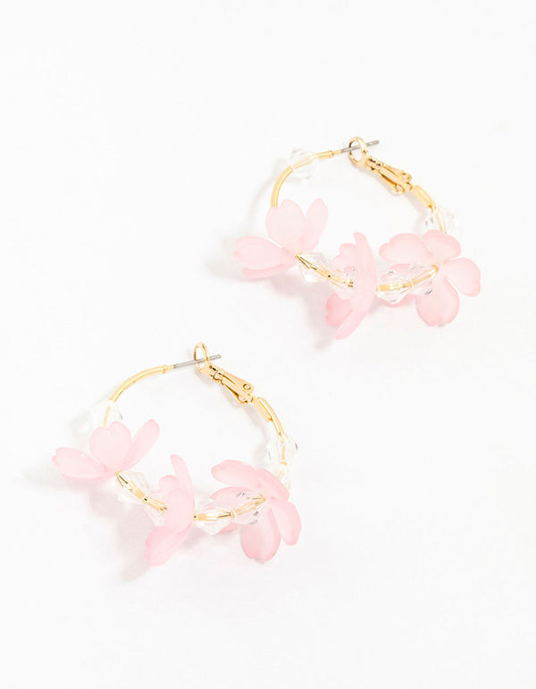 Pink Diamante Beaded Flower Hoop Earrings