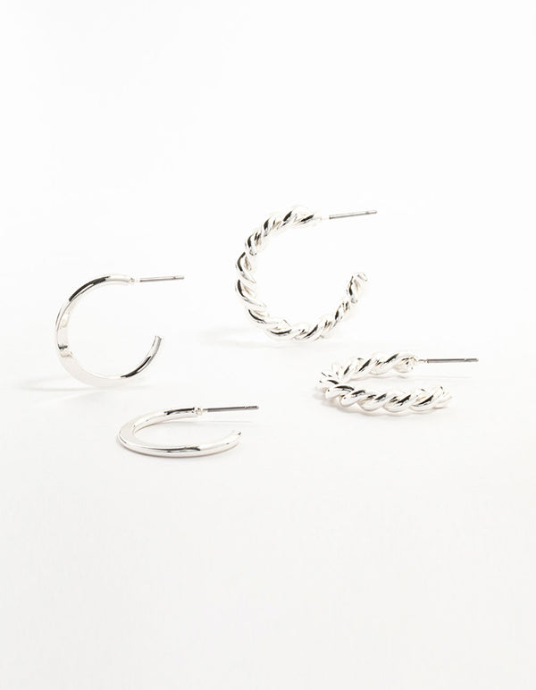 Silver Clean & Twisted Hoop Earrings 2-Pack