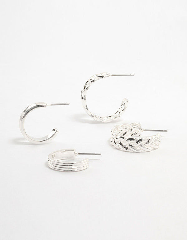 Silver Plaited & Ridge Hoop Earrings 2-Pack