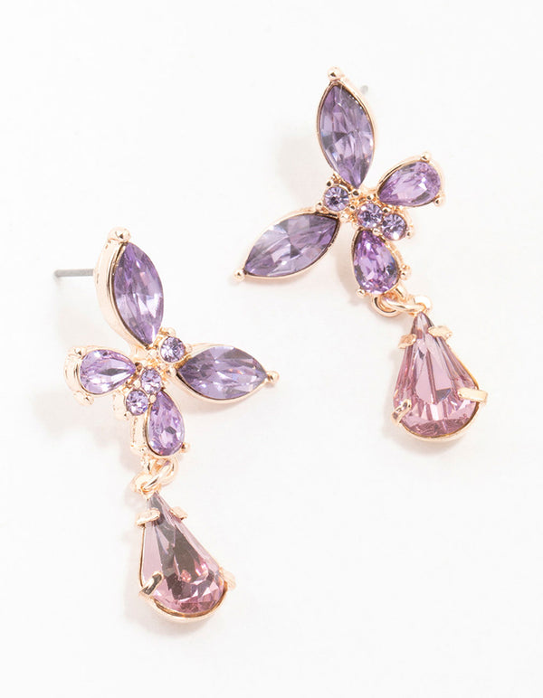 Rose Gold Diamante Purple Butterfly Pear Drop Earrings