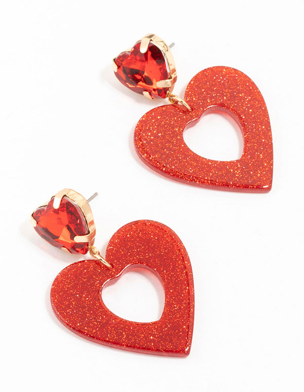 Red Diamante Glitter Gold Heart Drop Earrings