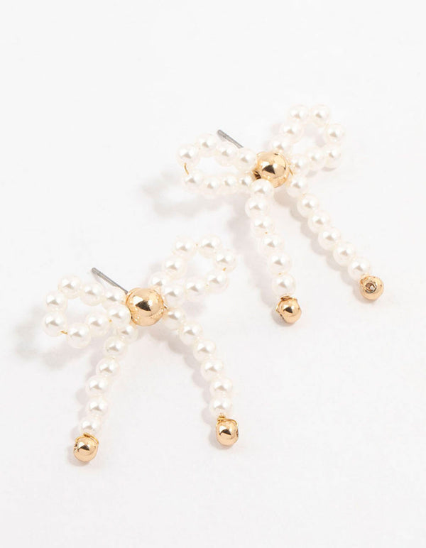 Gold Pearl Beaded Bow Stud Earrings