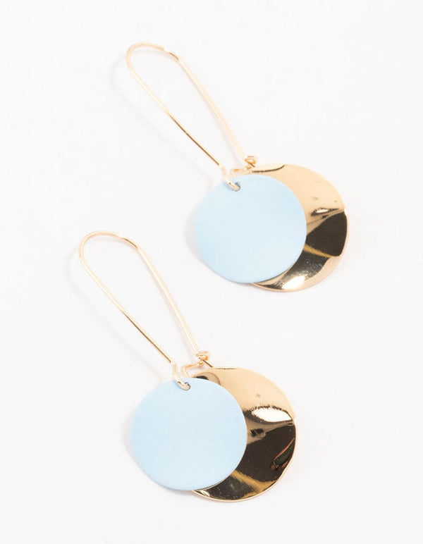 Gold & Blue Long Hawker Double Disc Drop Earrings