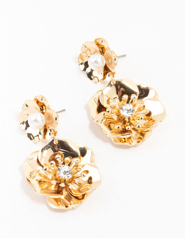 Gold Diamante Double Flower Drop Earrings