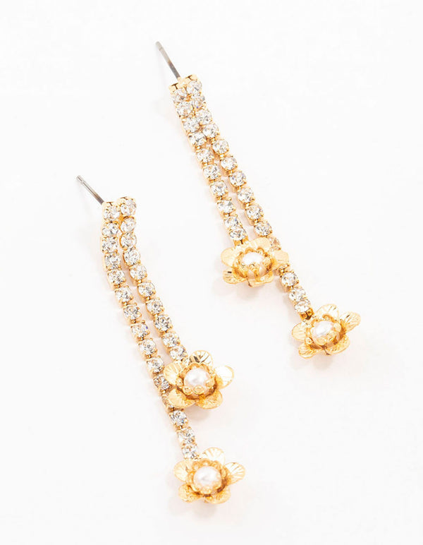 Gold Cupchain Pearl Flower Drop Earrings