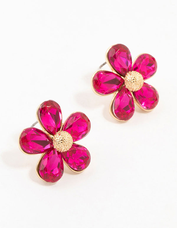 Hot Pink Gold Stapled Diamante Flower Stud Earrings