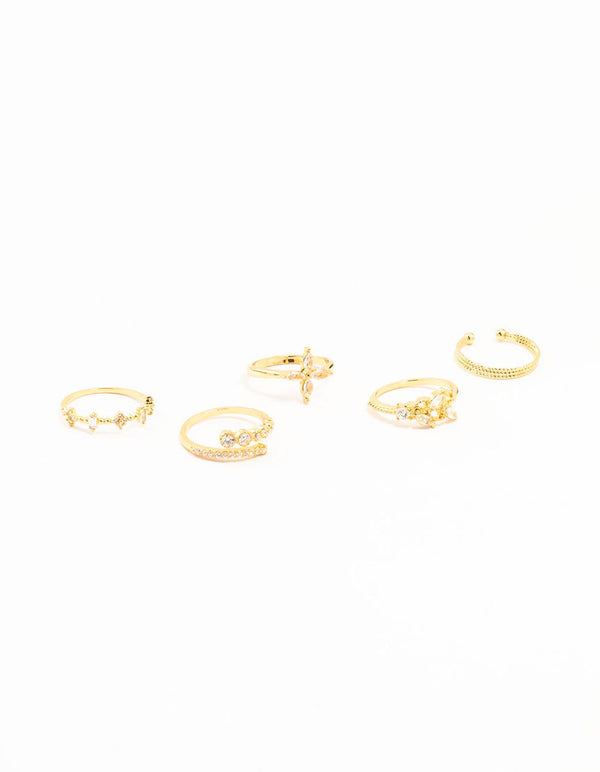 Gold Plated Cubic Zirconia Leafy Mixed Rings 5-Pack