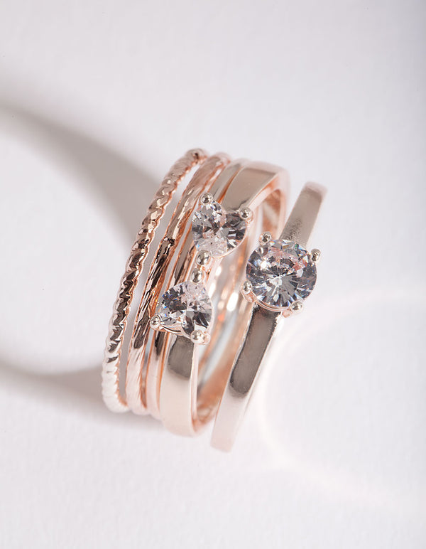 Rose Gold Cubic Zirconia Bow & Band Stacking  Rings 5-Pack