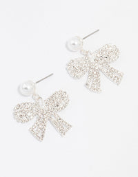 Silver Pearl Diamante Small Bow Drop Earrings - link has visual effect only