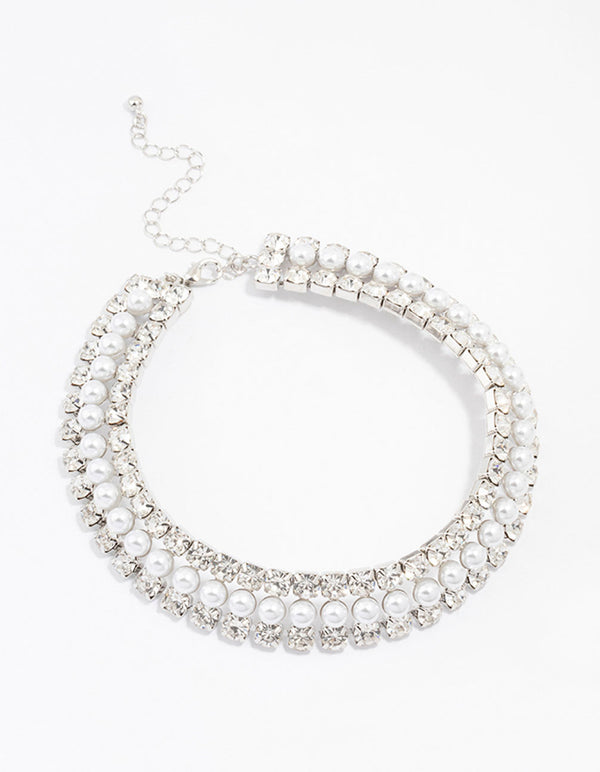 Rhodium Diamante & Pearl Necklace