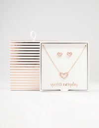 Rose Gold Open Diamante Heart Necklace & Stud Earrings - link has visual effect only