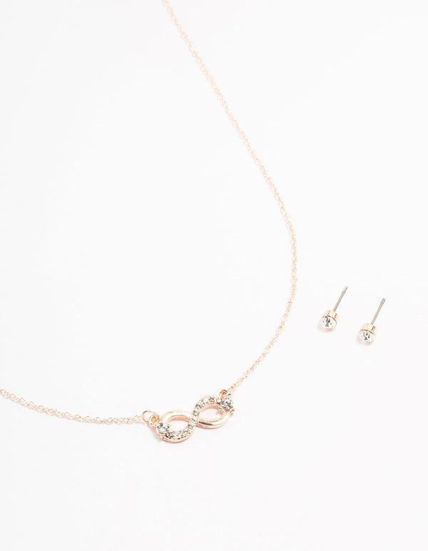 Rose Gold Infinity Necklace & Stud Earrings