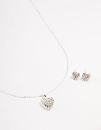 Silver Diamante Heart Necklace & Stud Earrings Set - link has visual effect only