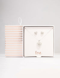 Silver Diamante Heart Necklace & Stud Earrings Set - link has visual effect only