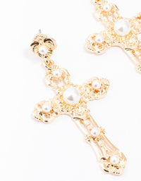 Small Gold Pearl Cross Drop Earrings - link has visual effect only