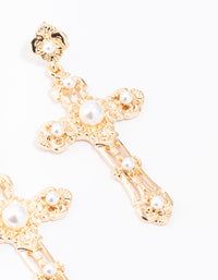 Small Gold Pearl Cross Drop Earrings - link has visual effect only