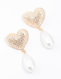 Gold Diamante Pearl Heart Drop Earrings - link has visual effect only