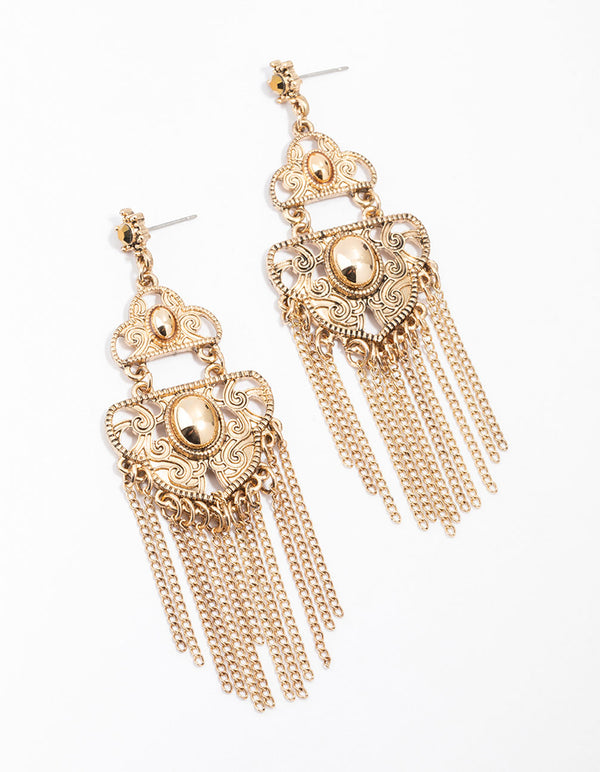 Gold Patterned Tassel Drop Earrings