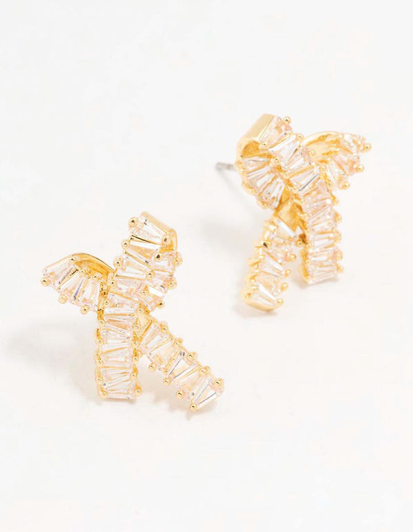 Gold Plated Baguette Ribbon Bow Stud Earrings