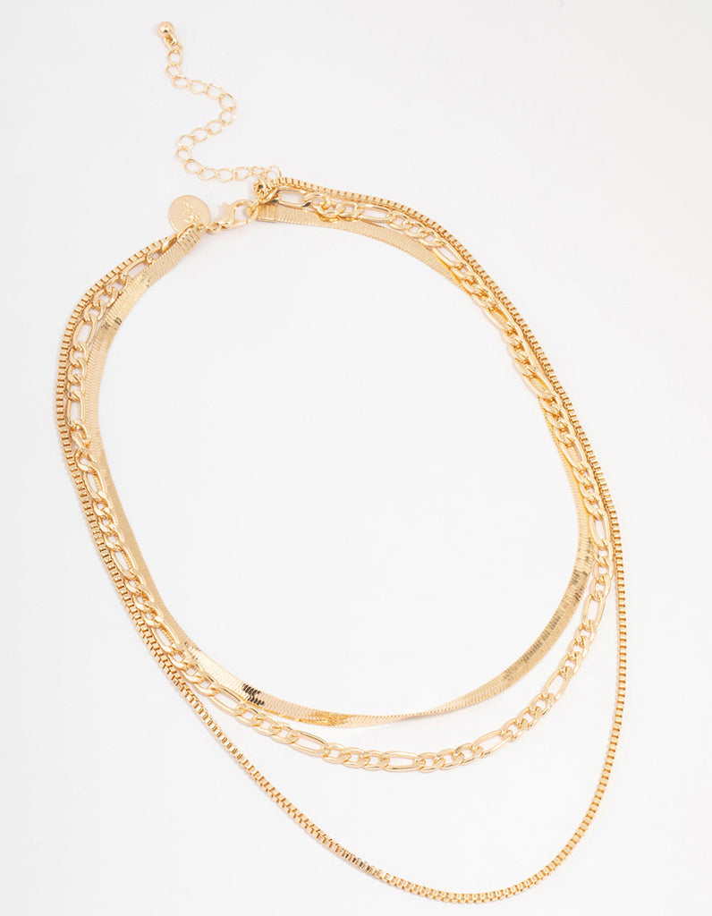 Gold 3 Row Snake Chain & Link Necklace - Lovisa