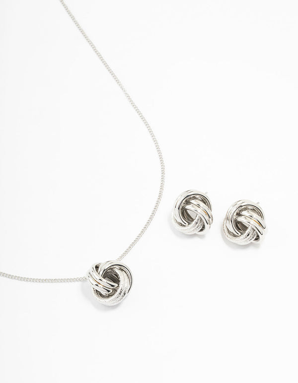 Rhodium Round Knot Necklace & Earring Set