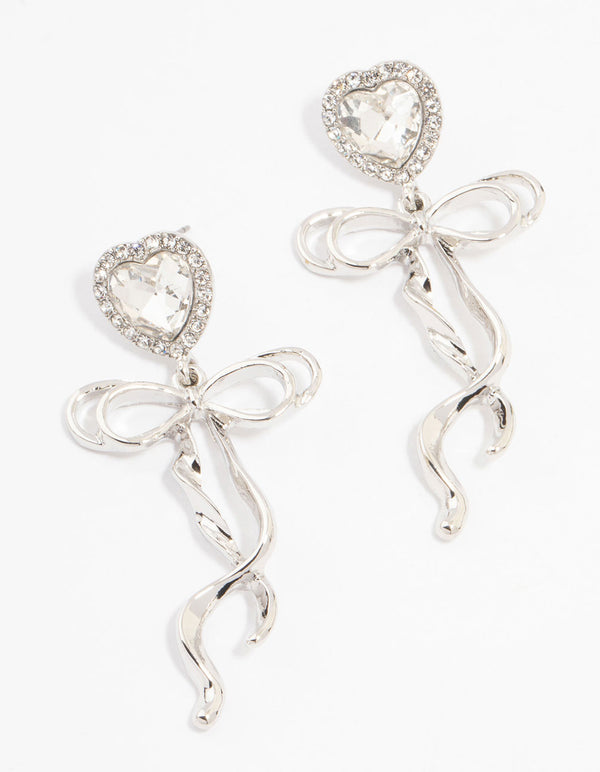 Silver Diamante Heart Bow Drop Earrings