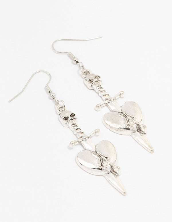 Silver Dagger Heart Drop Earrings