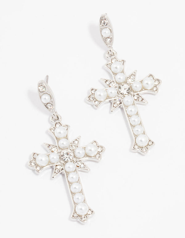 Silver Pearl Cross Drop Earrings