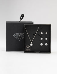 Silver Multiple Cubic Zirconia 6-Pack Stud Earrings & Necklace Set - link has visual effect only