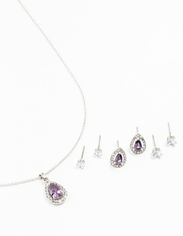 Rhodium Purple & Silver  Pear Earring & Necklace Set