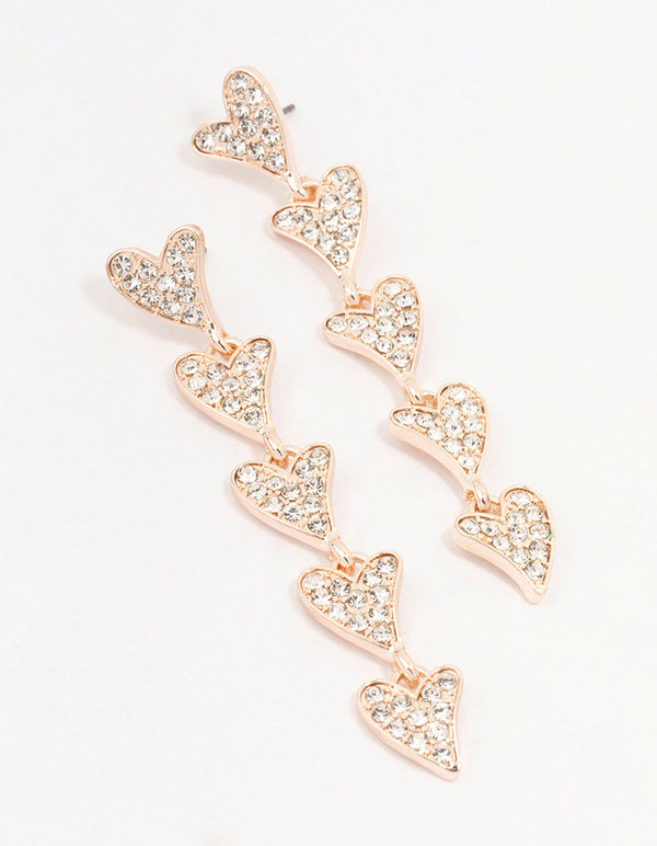 Rose Gold Multiple Diamante Hearts Drop Earrings