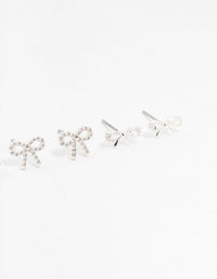 Silver Cubic Zirconia Sweet Bow Stud Earrings 3-Pack - link has visual effect only