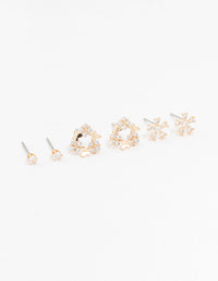 Gold Cubic Zirconia Floral Stud Earrings 3-Pack - link has visual effect only