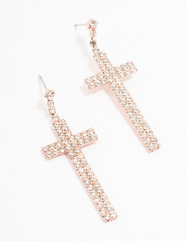 Rose Gold Bling Cross Drop Earrings