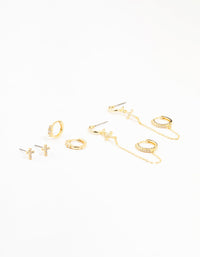 Gold Plated Brass Cross Stud & Chain Earrings 4-Pack - link has visual effect only