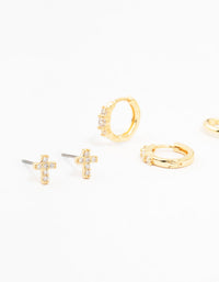 Gold Plated Brass Cross Stud & Chain Earrings 4-Pack - link has visual effect only