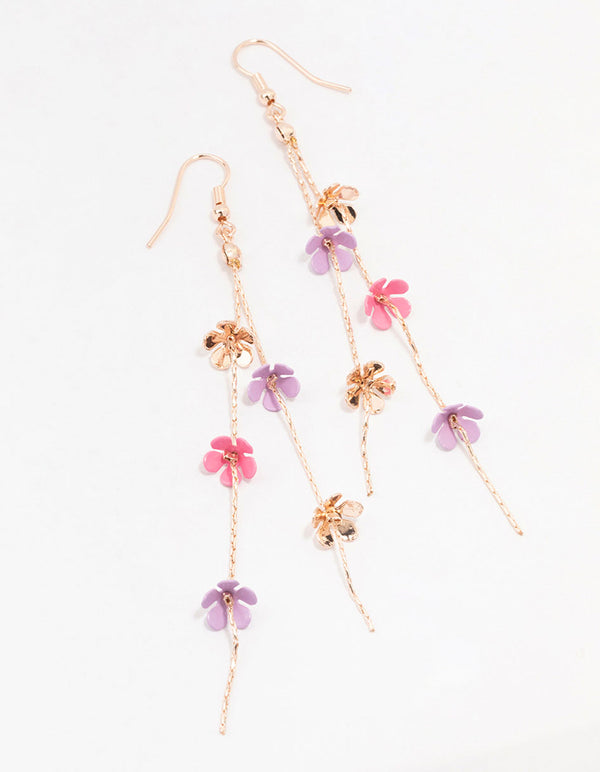 Rose Gold Multi Coloured Flower Drop Earrings