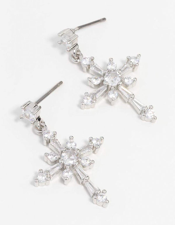 Rhodium Cubic Zirconia Cross Drop Earrings