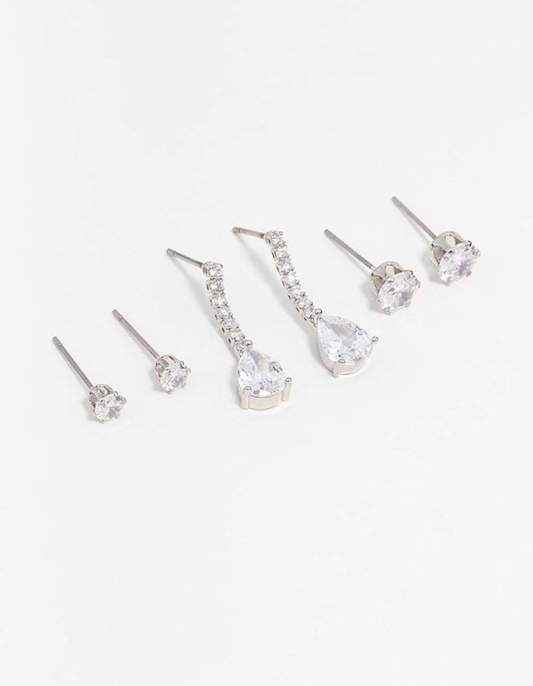 Rhodium Cubic Zirconia Stud & Drop Earrings 3-Pack