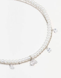 Rhodium Cubic Zirconia Pearl Double Choker - link has visual effect only