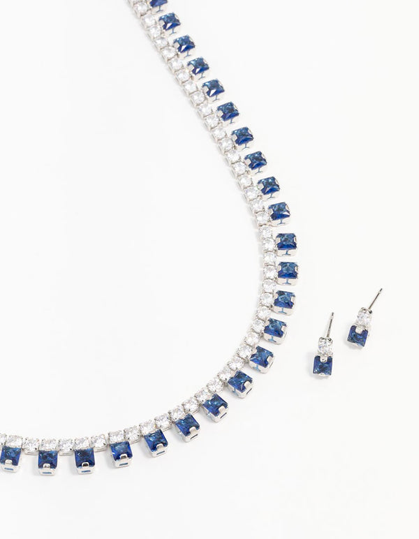 Silver Cubic Zirconia Sapphire Necklace & Earring Set