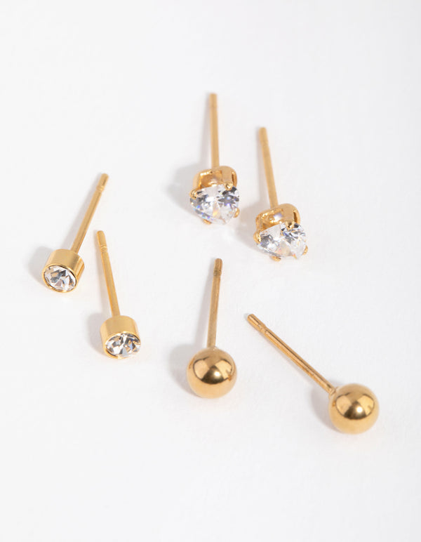 24 Carat Gold Plated Surgical Steel Love Stud Earrings 3-Pack