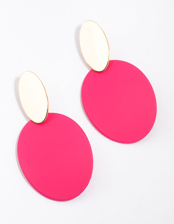 Gold Pink Plastic Flat Oval Disc Drop Earrings