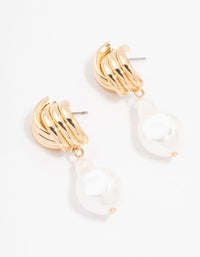 Gold Ribbed Cross Pearl Drop Earrings - link has visual effect only