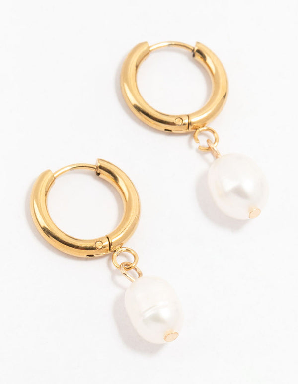 Gold Plated Stainless Steel Freshwater Pearl Drop Huggie Earrings