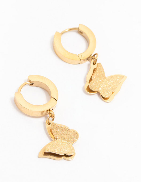 Waterproof Gold Plated Stainless Steel Butterfly Drop Huggie Earrings