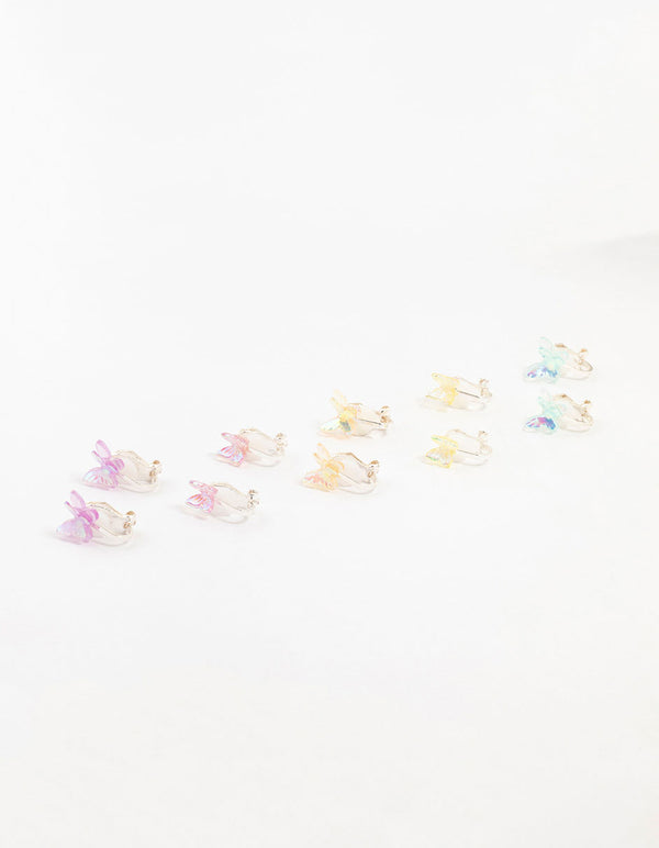 Kids Holographic Butterfly Silver Clip On Earrings 5-Pack