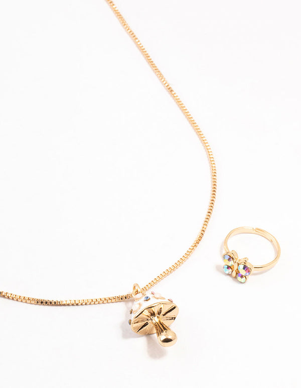 Kids Gold Mushroom Necklace & Ring Pack