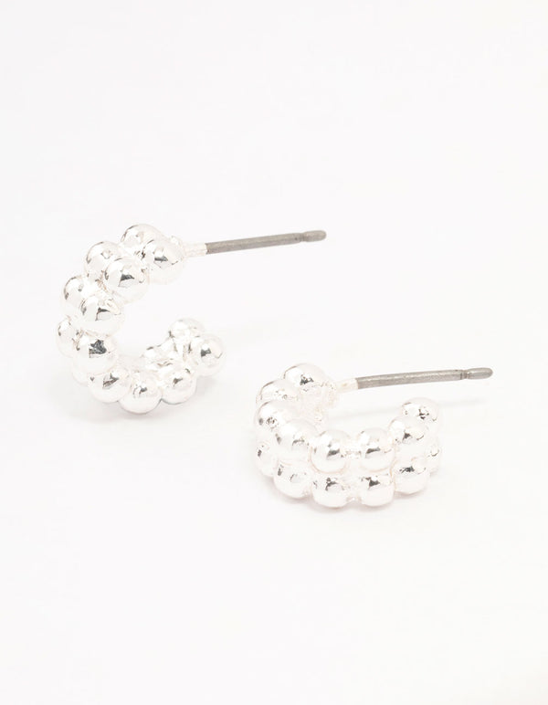 Silver Double Row Ball Huggie Earrings